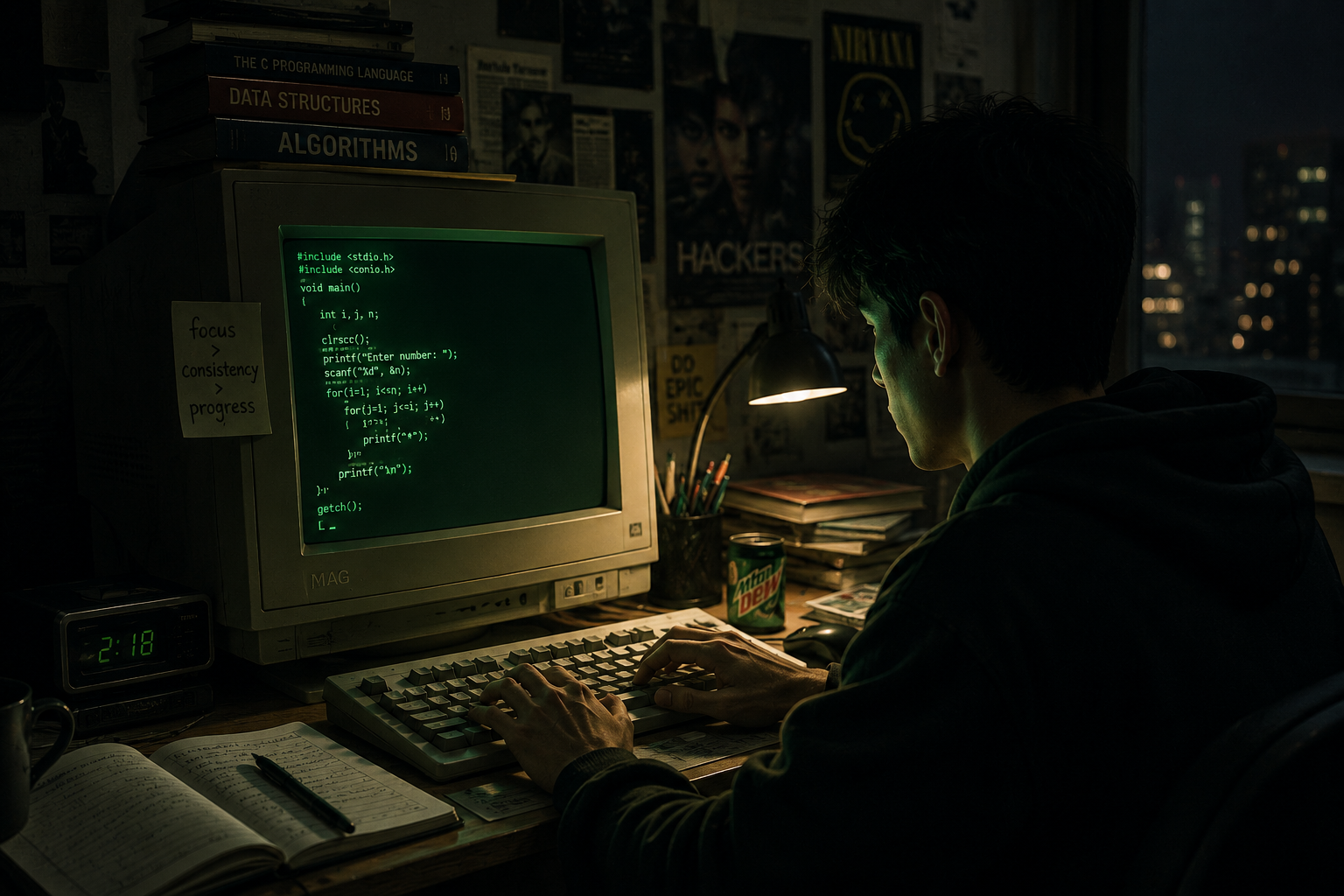 A young person coding on a green CRT monitor in a dark room