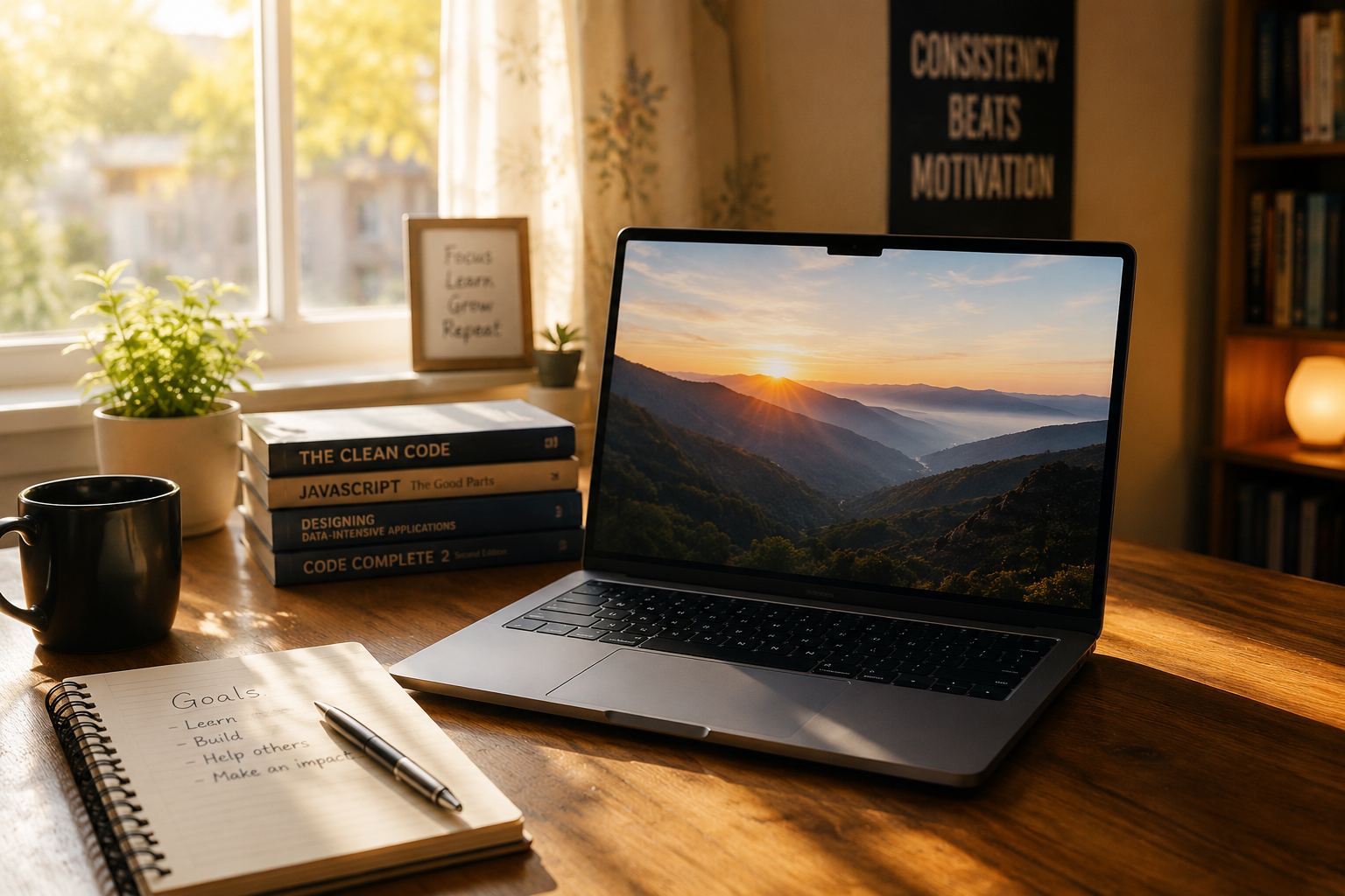 A brand new laptop on a wooden desk with warm morning light