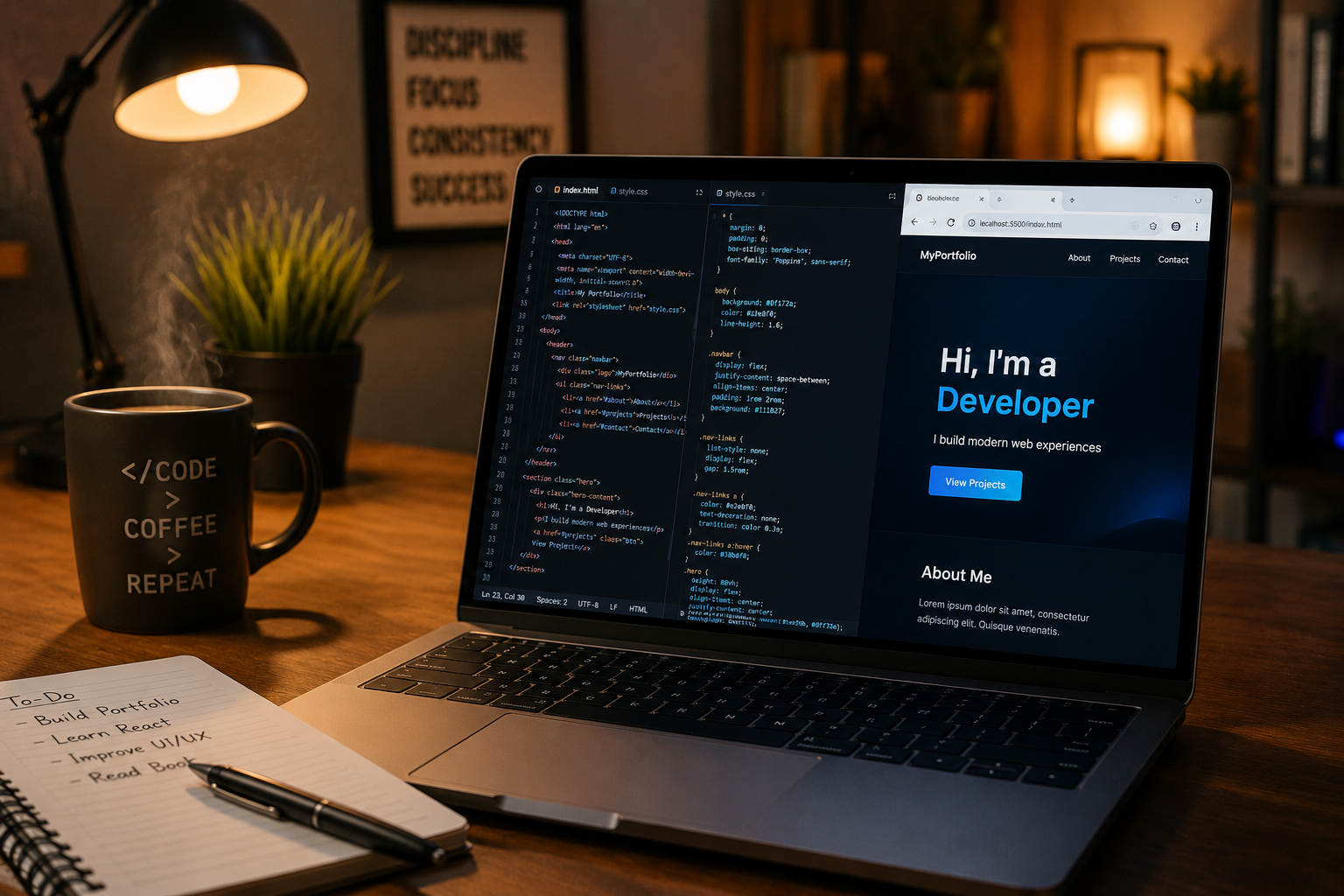 A laptop screen showing code with a browser preview